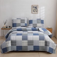 Green Essen Blue White Grey Plaid Bedding Quilts King Size Lightweight Patchw...
