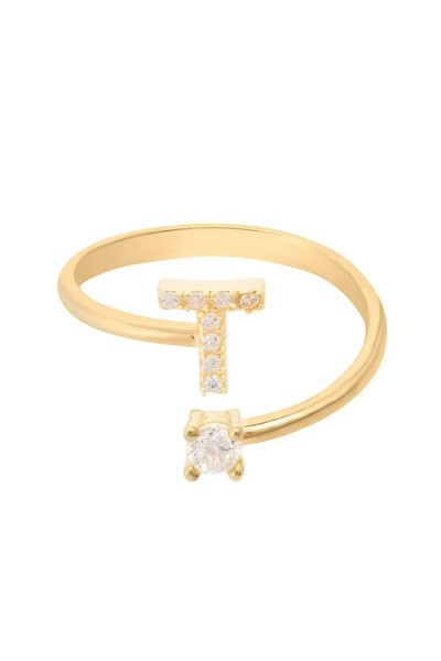 Latelita Initial T Ring Gelb Vergoldet Verstellbar Weiß CZ Stein 925 Silber-image