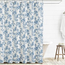 Blue Floral Cottagecore Extra Long Shower Curtain Cotton Fabric 72W x 90L