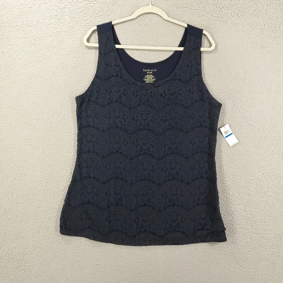 New Womens Tank Top XL Navy Blue Floral Lace Stretchy Top NWT Blouse Van Huesen - Image 2 of 4
