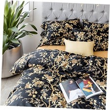 Eastern Floral Chinoiserie Blossom Print Duvet Quilt Cover Navy Queen Black