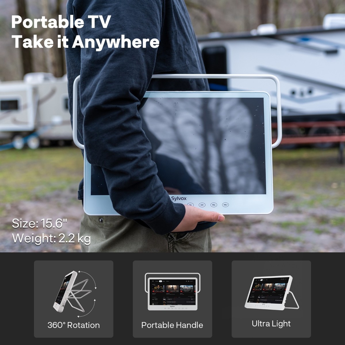 SYLVOX 15.6'' Portable TV IP66 Waterproof rechargeable smart TV