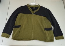 Pure Handknit Color Block V-Neck Sweater Olive Green and Black Size M/L