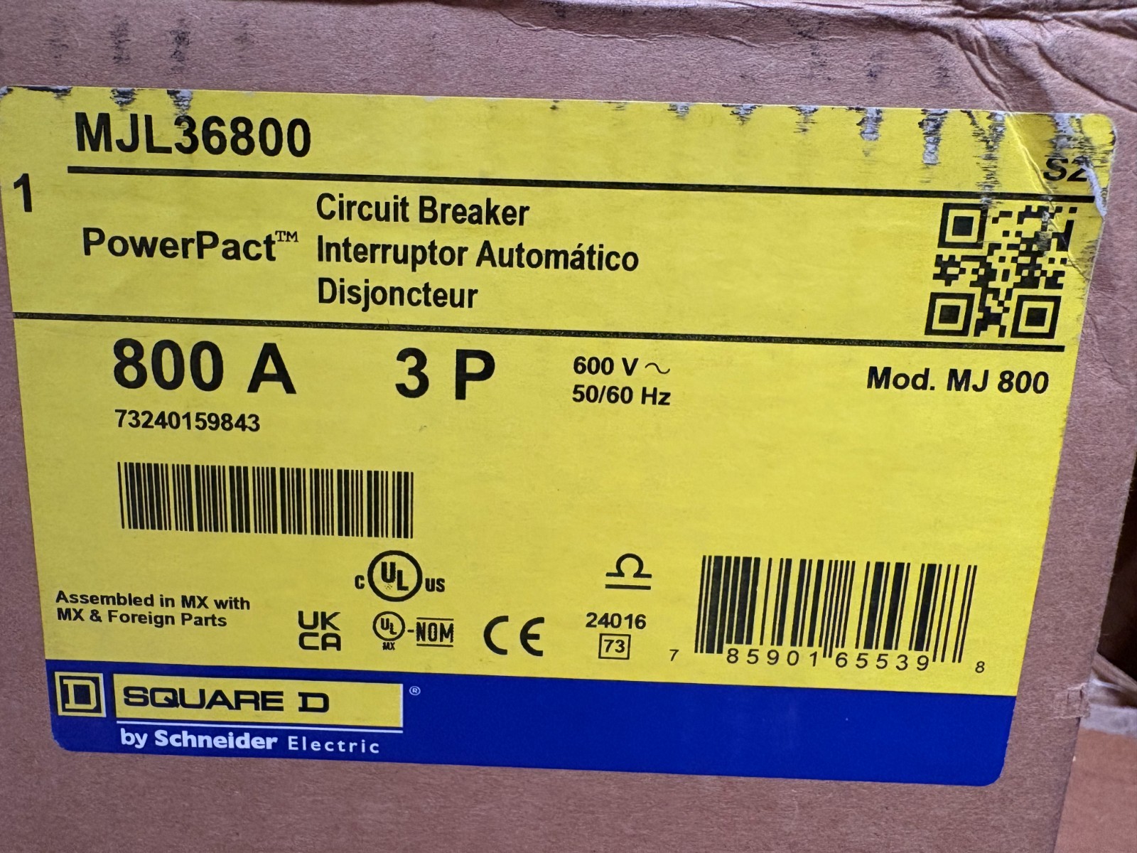 Square D PowerPact Circuit Breaker Item# MJL36800 800A 3P Brand New - Never Used