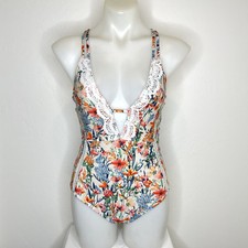 Lucky Brand Lucky Garden Crochet Deep V One Piece Swimsuit Womens Medium