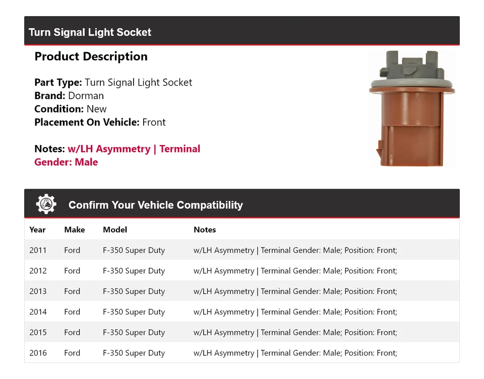 For 2011-2016 Ford F-350 Super Duty Dorman Turn Signal Light Socket Front 2012 - Image 2 of 4
