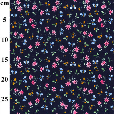 100% Baumwoll Popeline - Blumen & Schmetterlinge auf dunkelblau - Bastelstoff Meterware