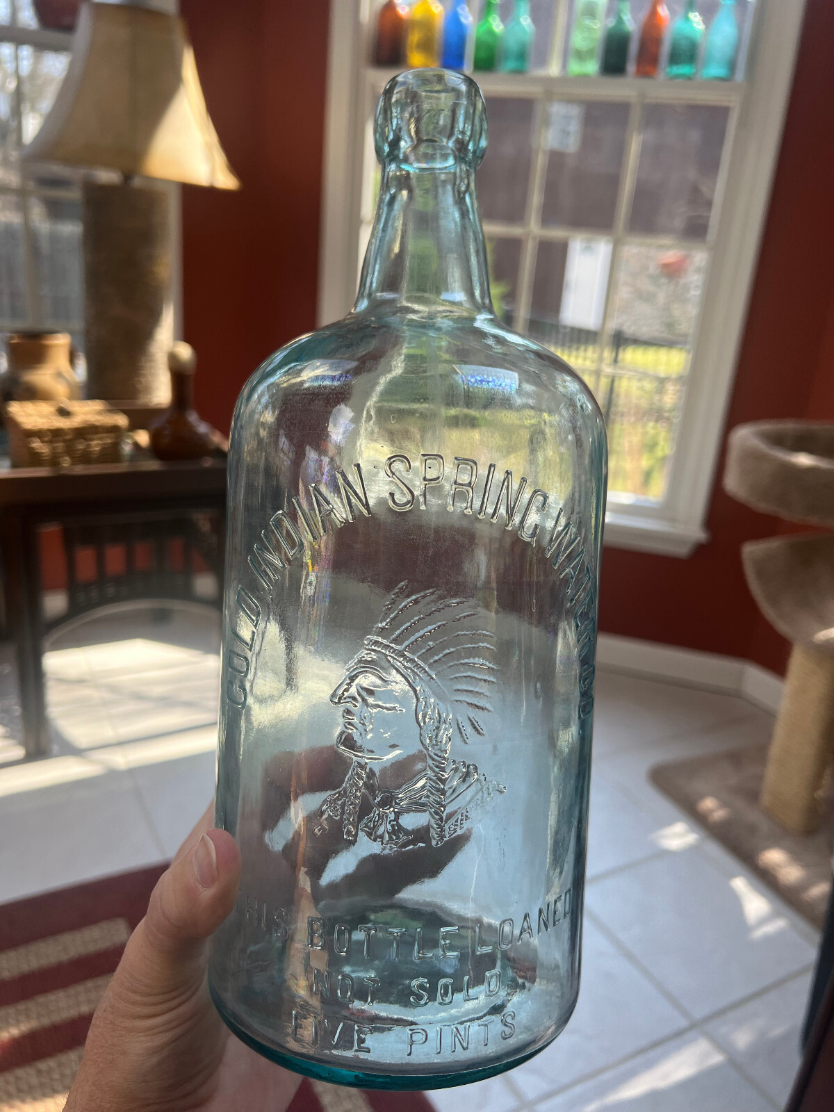 Indian in Headdress Cold Indian Spring Water Co. Five Pint Blob Top