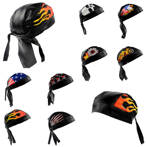 SKULL CAP Biker Cotton Faux Leather Motorcycle Bandana Head Wrap Du Do Rag Black - Picture 1 of 19