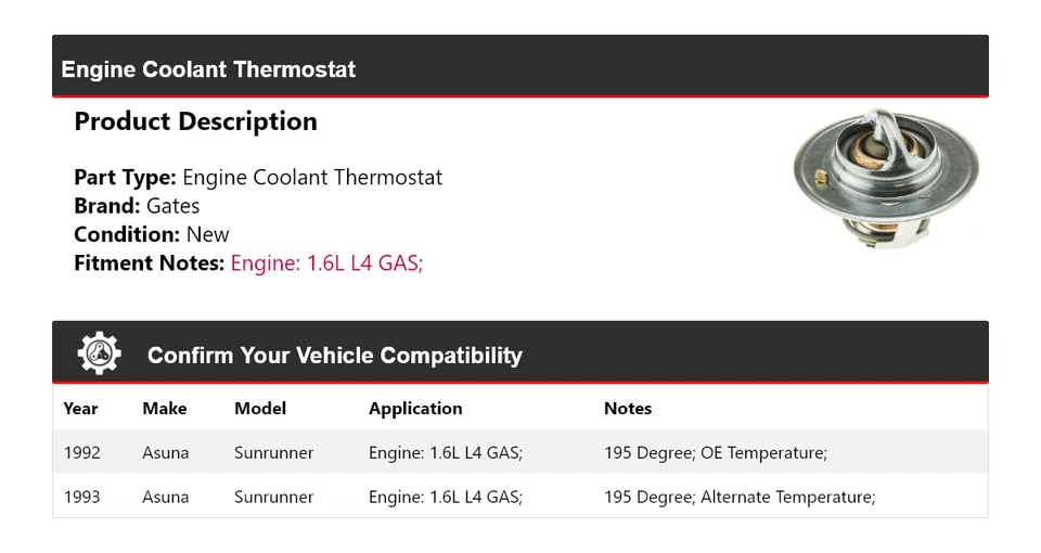 Para Asuna Sunrunner 1992-1993 1,6 L L4 GAS Motor Refrigerante Termostato Puertas Foto 2 de 4