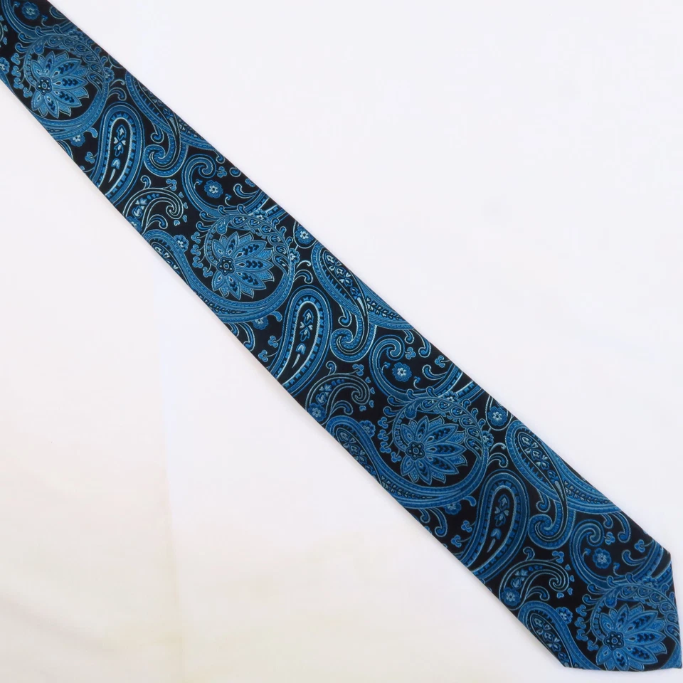 Gravata masculina Sean John azul sobre preto paisley 58x3,5 floral profissional moderna - Imagem 2 de 4