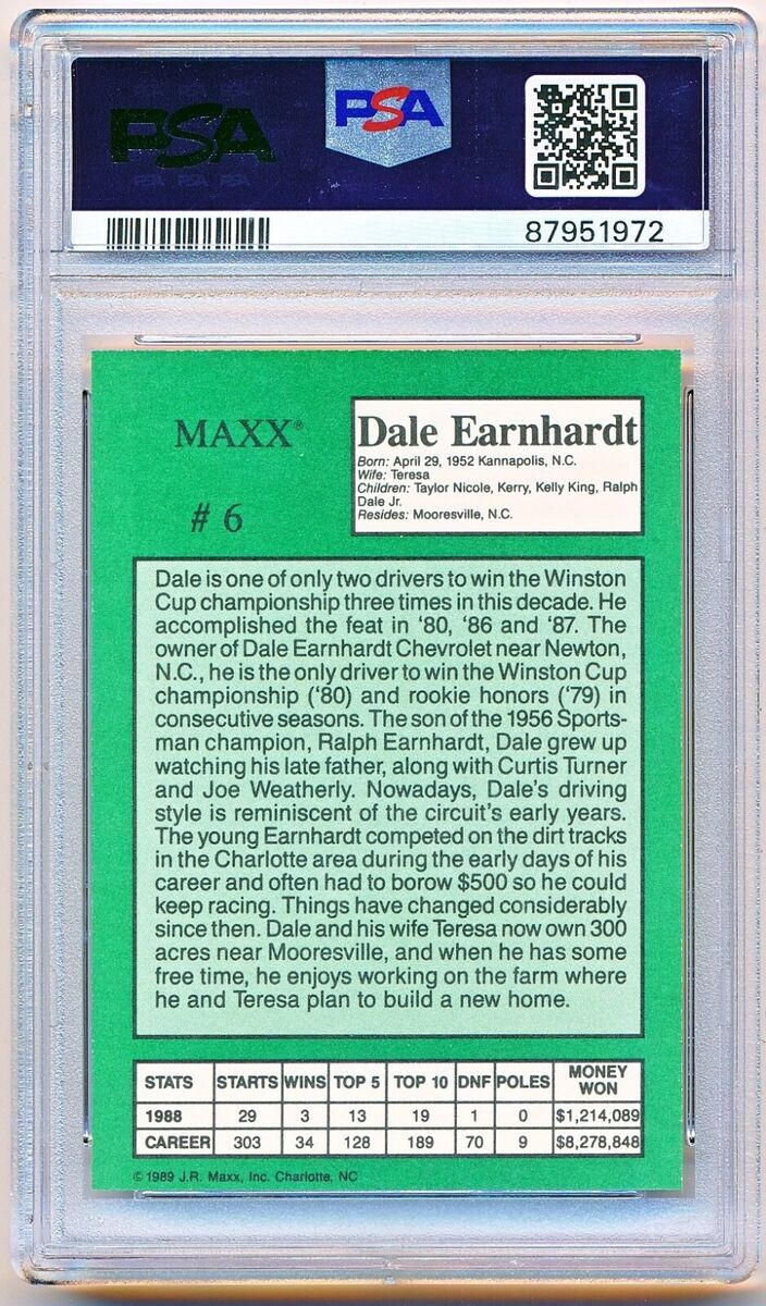 1989 Max Crisco Dale Earnhardt Rc #6 PSA 10 - POP 148 - QTY 1989 Max Crisco Dale Earnhardt Rc #6 PSA 10 - POP 148 - QTY