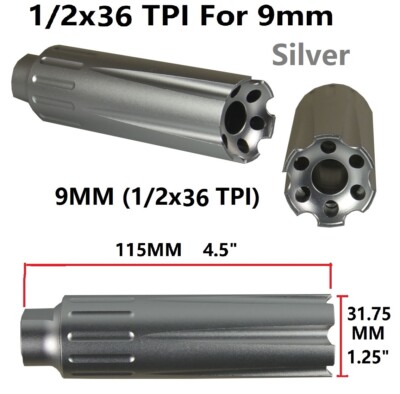 Precision XL Extra Long 4.5'' 9mm Linear Comp 1/2x36 TPI Aluminum SILVER