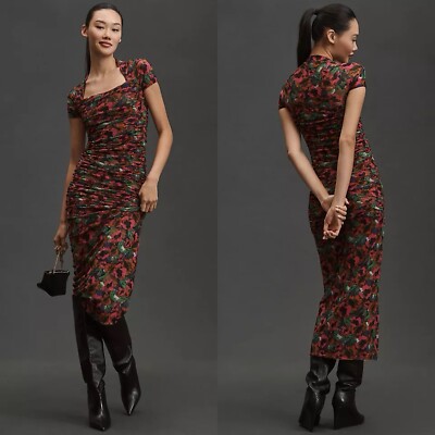 NWT MISA Los Angeles Marilyn Ruched Mesh Midi Dress in Jewel Tone Floral size XS