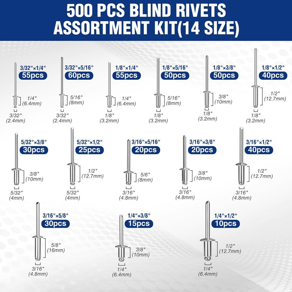 500PC Pop Rivets Assortment Kit Aluminum Blind Rivets 14Size Blind