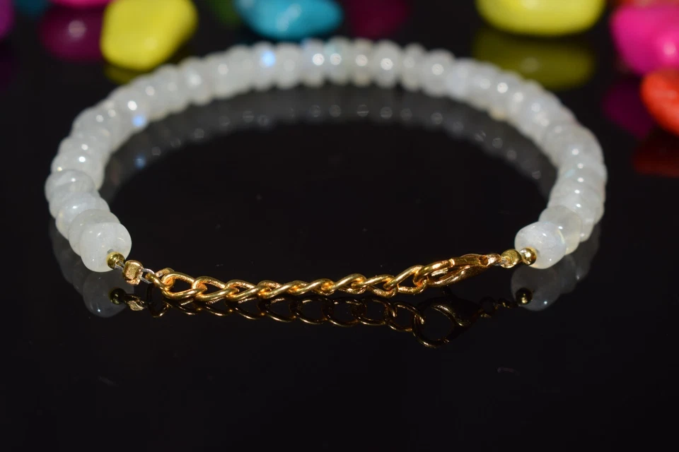 Natural Flashy Moonstone Smooth Rondelle Gemstone Beads 6-8" Handmade Bracelet - Image 3 of 4