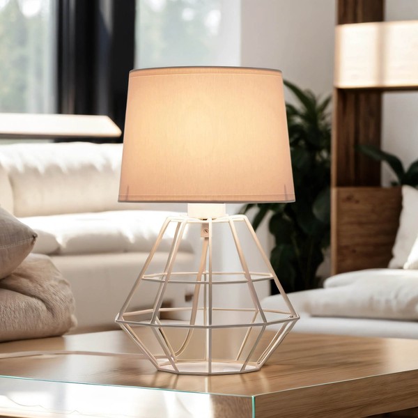 Tischleuchte Nachttischlampe Weiß 34 Cm E27 Metall Stoff Schlafzimmer Wohnzimmer-image