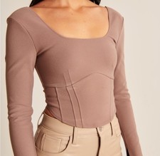 NWOT Abercrombie Fitch Women s Small Long Sleeve Corset Scoop Neck Top Taupe
