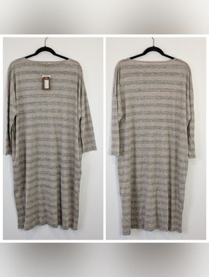 NEW Ichi Antiquites Striped 100% Linen Midi Dress Free Size Lagenlook Minimalist