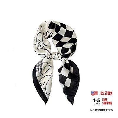 Silk Feeling Like Hair Scarf Head Sleeping Wrap Satin W19 Check Pattern Black