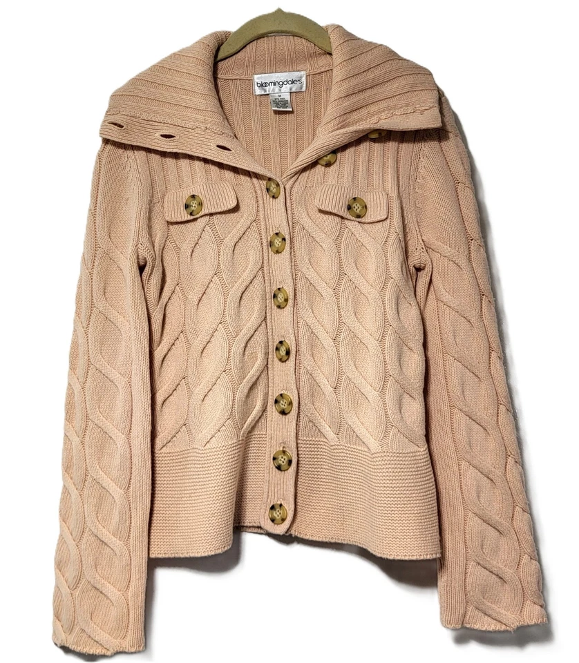 Suéter cárdigan tejido con cable rosa cachemir lana mediana Bloomingdales para mujer Foto 2 de 4