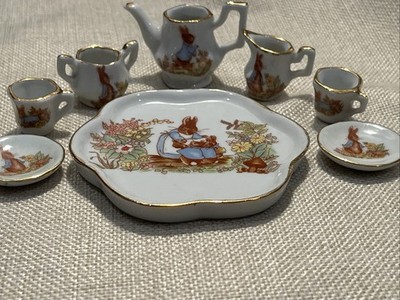 Beatrix Potter M Peter Rabbit Porcelain Tea Set 1:12 Gold Trim Dollhouse 8 peace