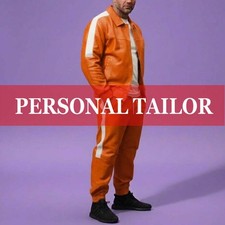 Men's Genuine Lambskin Leather TrackSuit Sweatsuit ORANGE/WHITE HALF STRIPES 