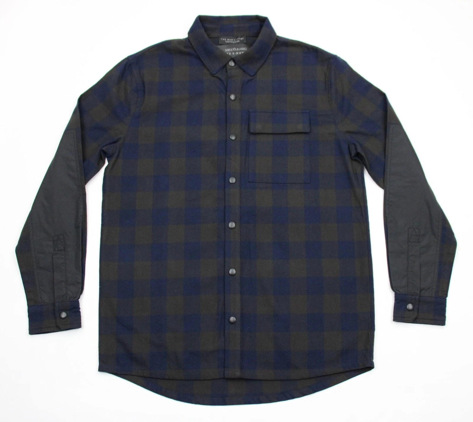 Mens Store Bloomingdales Flannel Snap Shirt Jacket Mens Medium Blue Brown Plaid