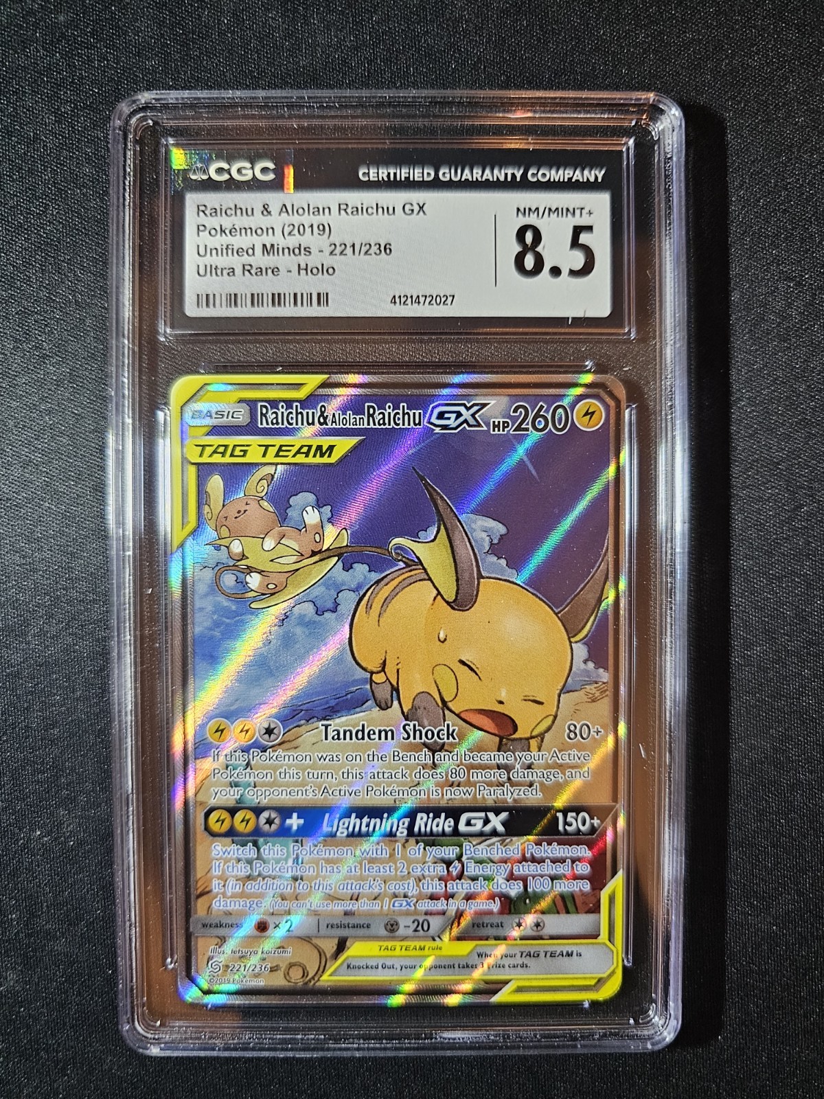 Pokemon TCG 2019 Raichu & Alolan Raichu GX 221/236 CGC 8.5 Unified Minds