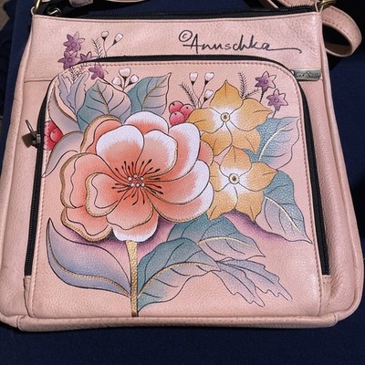 Anuschka Retro Crossbody Purse Pink w/ Birds and Flowers Adjustable strap
