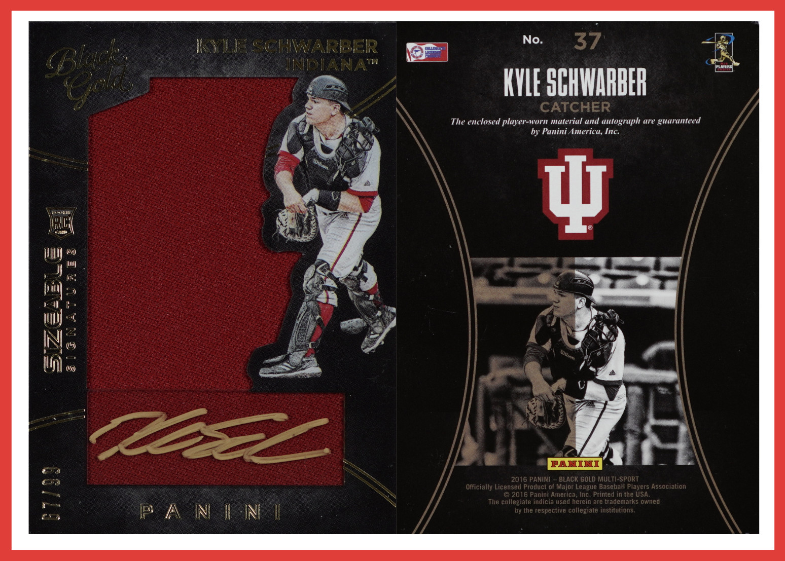 2016 Panini Indiana Hoosiers Kyle Schwarber RC Gold On-Card Auto Patch 67/99 view 1