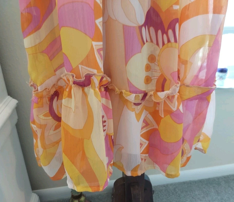 Размер M винтажный 60-х, ретро вид шифоновое с бретелью через шею воротник с подкладкой платье колена геометрический - Изображение 3 из 4