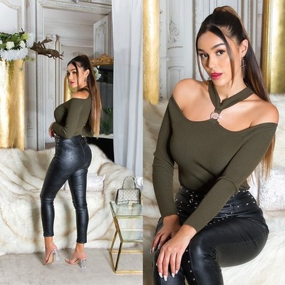 Koucla Sexy Women Girly Carmen Knit Sweater Rhinestone Neckband Khaki 34/36/38