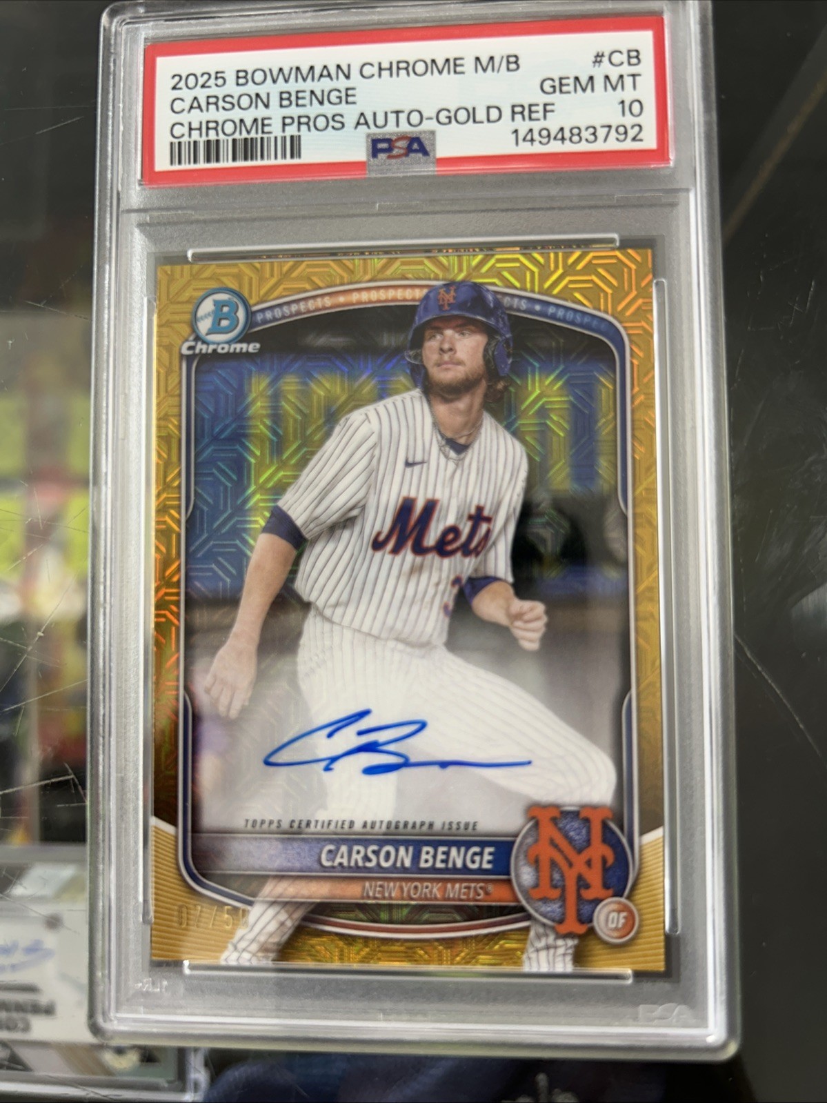 2025 Bowman Chrome Mega Box Carson Benge Gold Refractor Auto #07/50 PSA 10 Mets view 2
