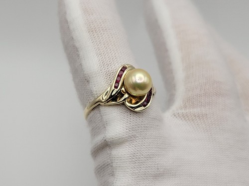 10k Golden Color Pearl & Genuine Rubies Yellow Gold Ladies Ring Size 7 - Picture 11 of 13