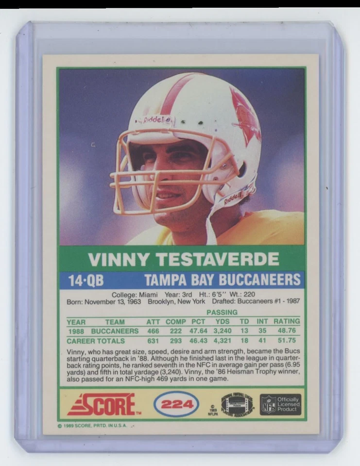 1989 Score. Vinny Testaverde Tampa Bay Buccaneers #224 - Image 2 of 2