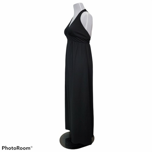 Vintage 70er schwarz DBL Strick Poly Neckholder Cutout Rücken Empire Taille Maxi Disco Hippie - Bild 6 von 11