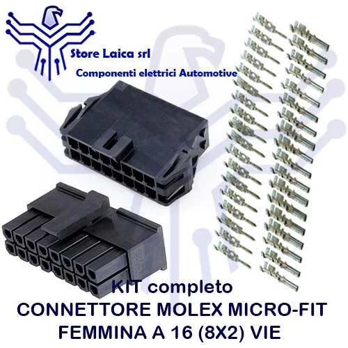 KIT CONNETTORE MOLEX MICRO-FIT 16(8X2) VIE COMPLETO M/F CON TERMINALI AUTO MOTO