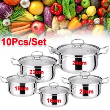 10 Piece Stainless Steel Cookware Saucepan Set Pan Pot Kitchen Cooking Glass Lid