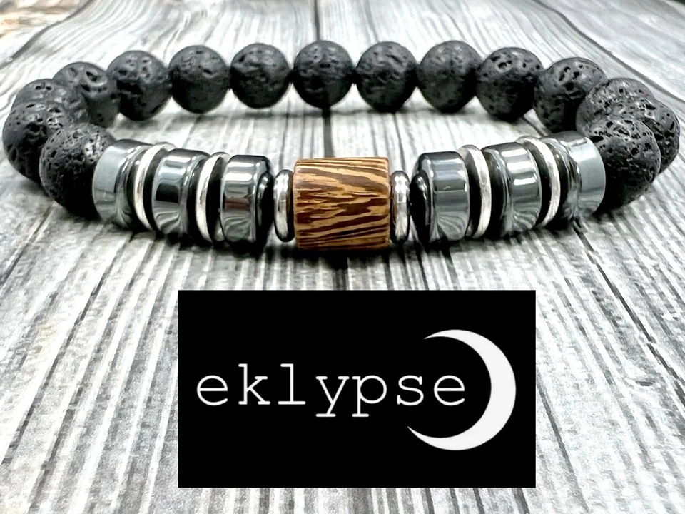 Brazalete para hombre 8"L acero inoxidable 10 mm lava+hematita+sándalo piedras preciosas con cuentas Foto 3 de 4