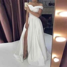 Satin Wedding Dresses Off Shoulder Cap Sleeve Backless High Split Bridal Gowns
