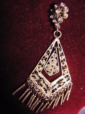 Pendentif Filigrane Argent Pampille - Hauteur 7.5 Cm, Boucle D'oreille Unique Années 70, Occasion Excellent état