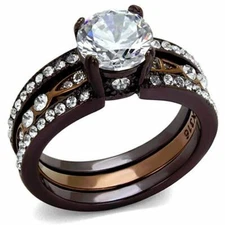 2.75 Ct Round Cut CZ Chocolate Stainless Steel Wedding Ring Set Women's Size 5 6