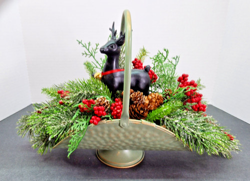 Vintage Christmas Reindeer Floral Arrangement Metal Basket Centerpiece