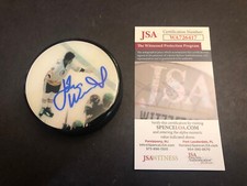JSA JOHN WENSINK SIGNED PHOTO PUCK AUTO CHALLENGE NORTH STARS BENCH W/Holder 417