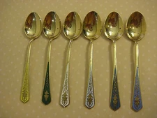 Vintage Set Of 6 Thailand Boonyasilp Brass & Enamel Teaspoons, 4 1/4" Long