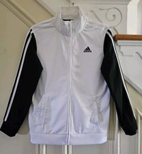 EUC Adidas KIDS Tracksuit Zip Jacket, Back Logo, Soccer Black White Boys L 14-16