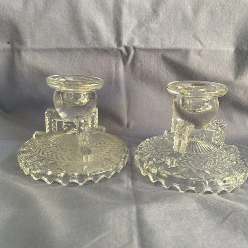 Anchor Hocking Vintage Herringbone Clear Depression Glass Candle Holder Set of 2