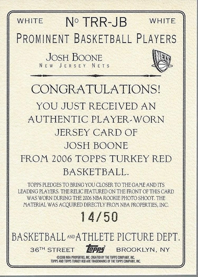 2006-07 Topps Turkey Red Relics White #JB Josh Boone Jersey /50 - BSK - Image 2 of 2