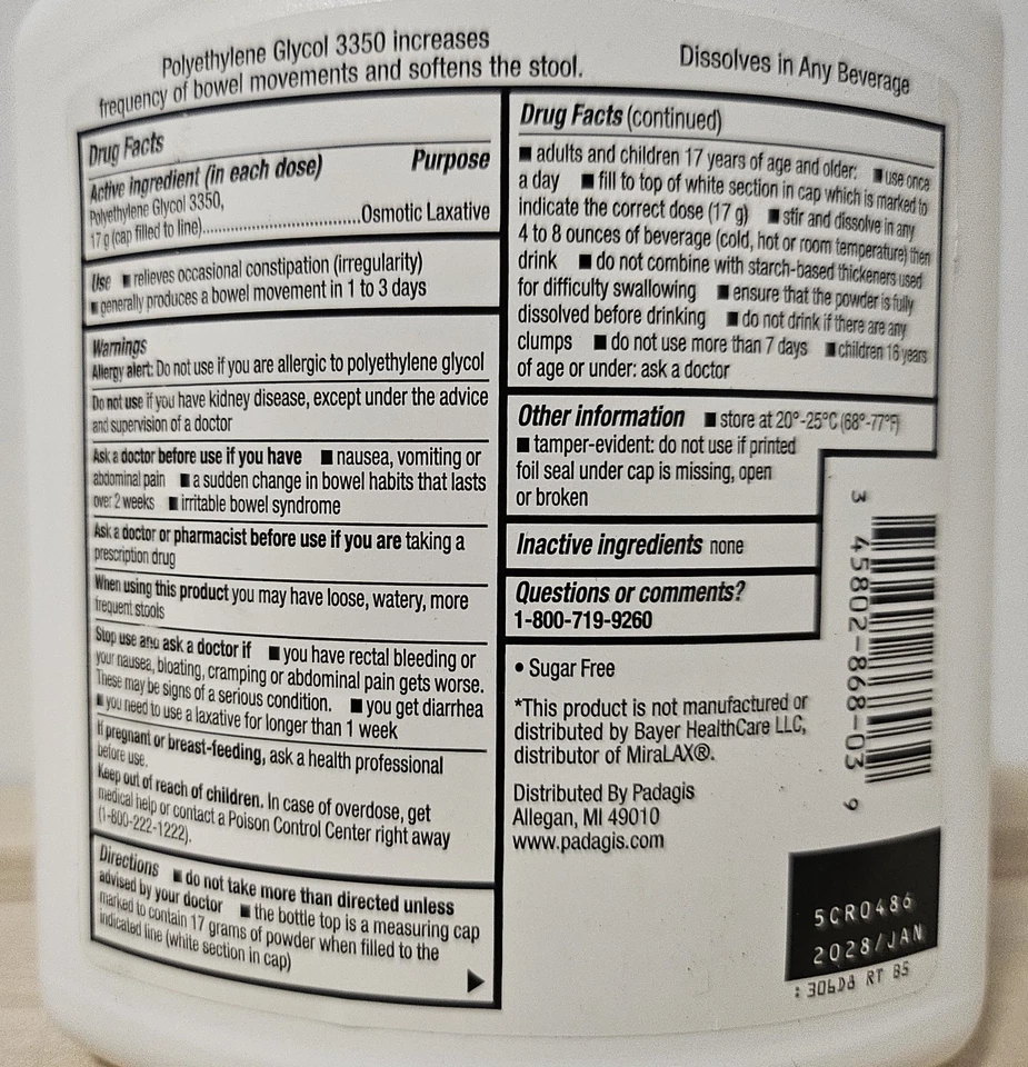 Laxante osmótico Padagis polietilenglicol 3350 17,9 oz [EXP: ENERO/2028] Foto 3 de 4